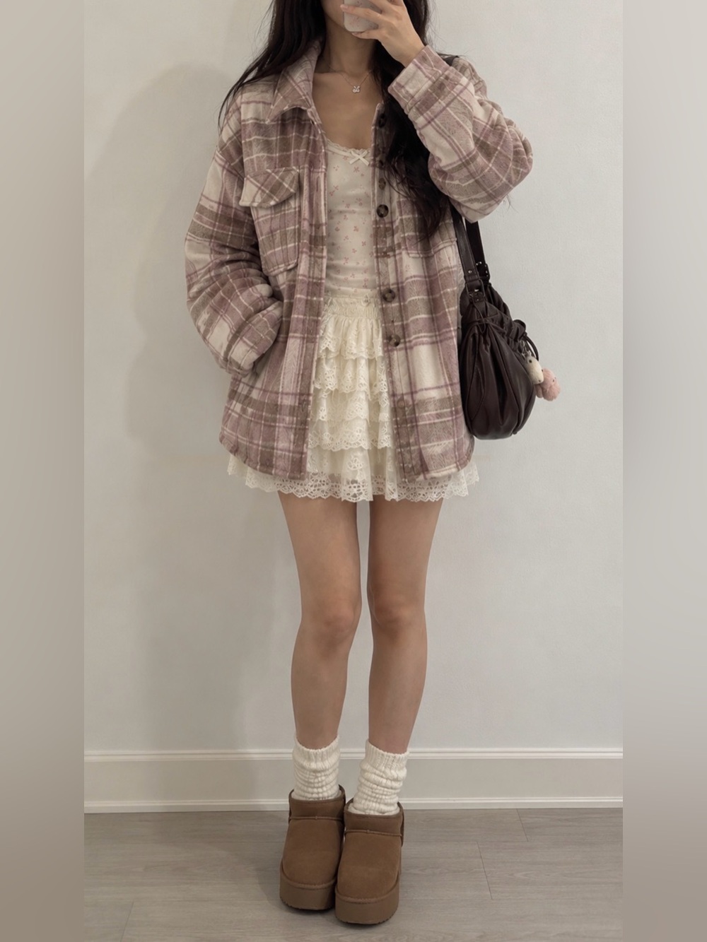 Garage Quilted Shacket Plaid Jacket in Lilac & Cream